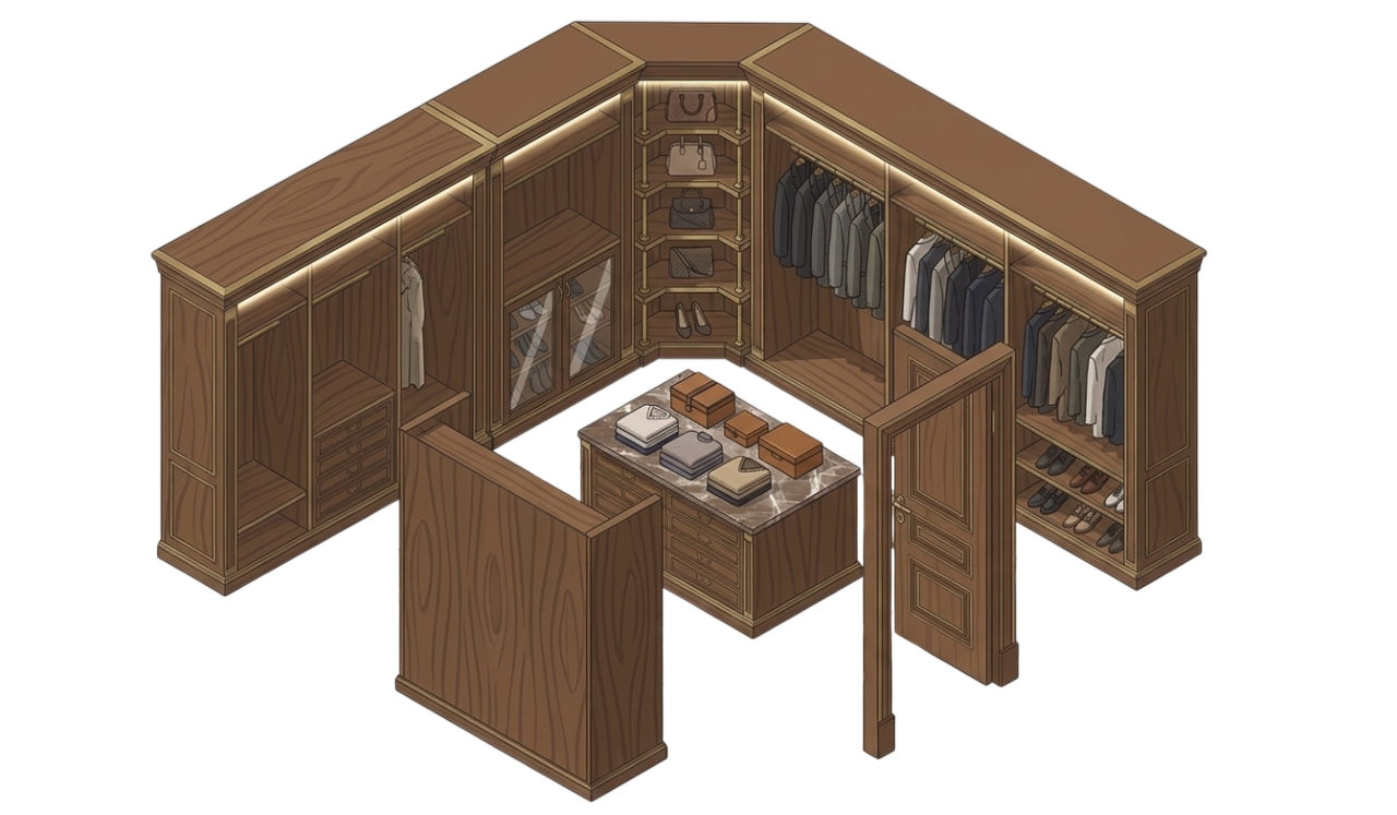 Portas, closets, painéis de parede e cozinhas